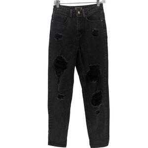 PrettyLittleThing Black Mom Jeans Distressed Holes Size 2
